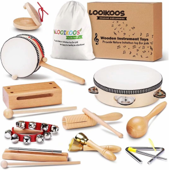 LOOIKOOS Toddler Musical Instruments Natural Wooden Percussion Instruments Toy for Kids Preschool Educational, Musical Toys Set for Boys and Girls with Storage Bag
