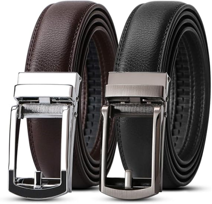 WERFORU Set of 2 Leather Ratchet Dress Belt for Men Perfect Fit Waist Size 22-50 inches with Automatic Buckle